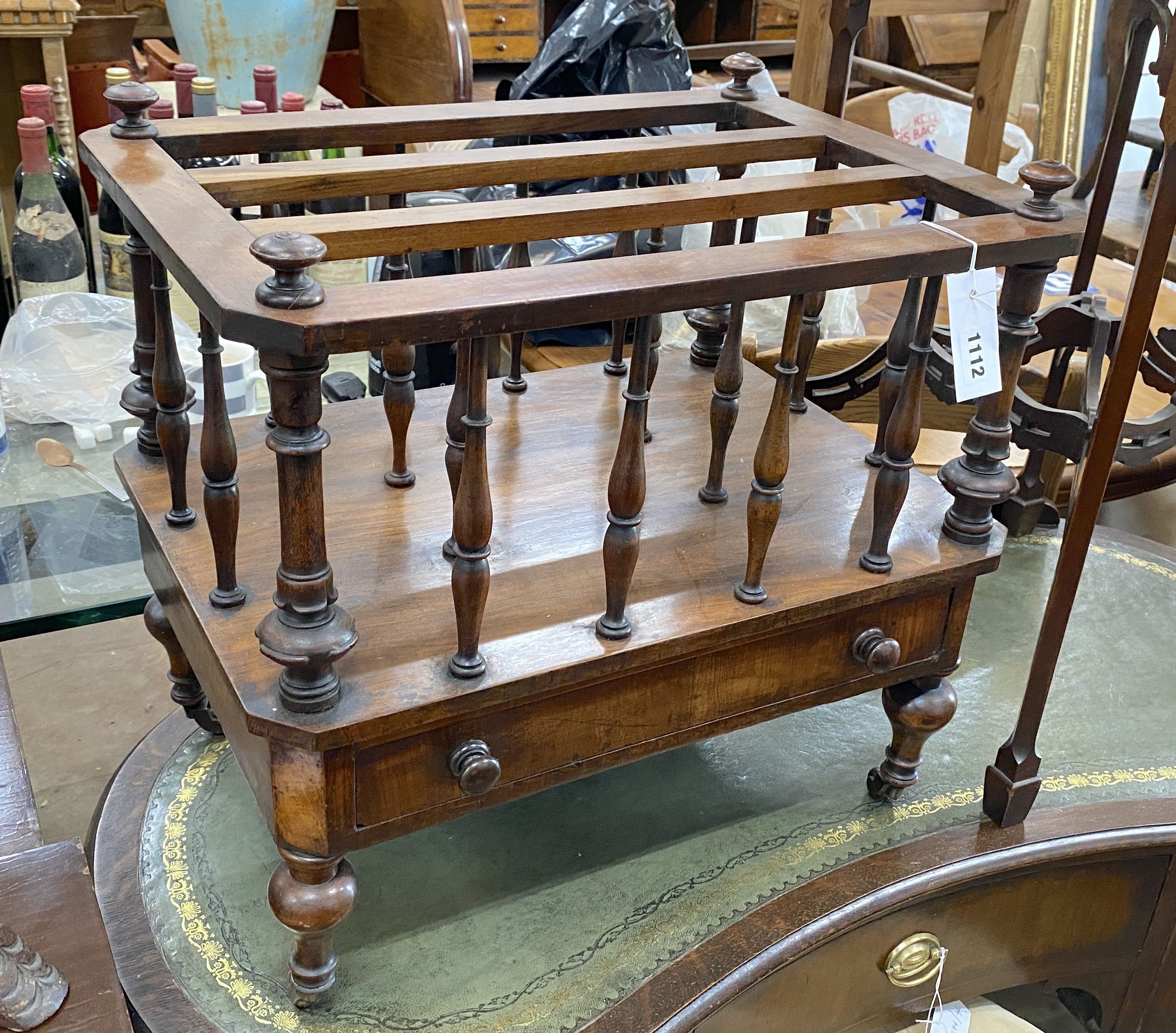 A Victorian walnut Canterbury, width 58cm, depth 52cm, height 49cm